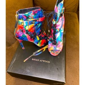 Brian Atwood Satin Floral Peep Toe Booties; Size 8.5 US (38.5 EUR)